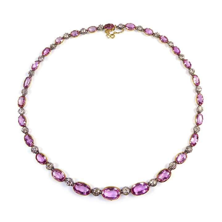 Antique pink topaz and diamond graduated necklace